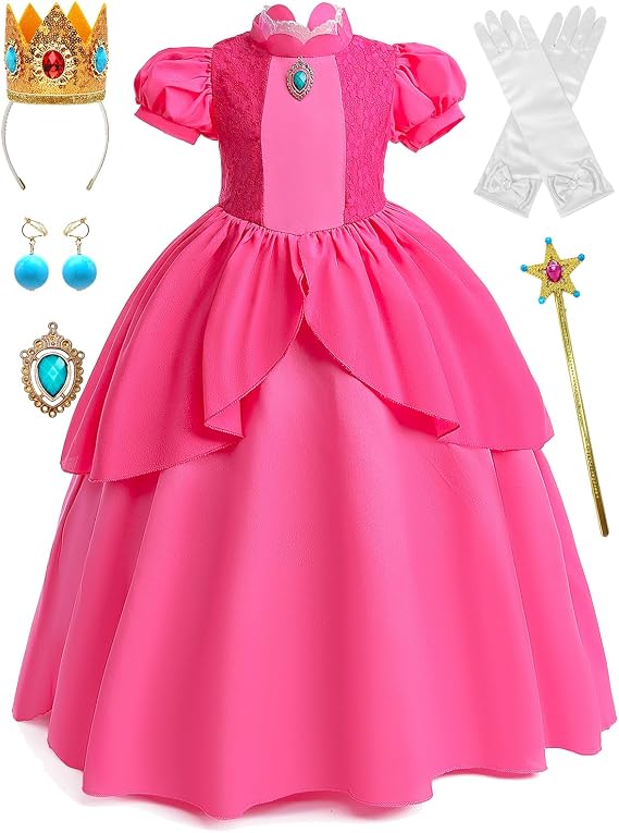 Pink Princess Costume for Girls Cosplay Pink for Halloween Birthday Party Dress Up 3-12Y