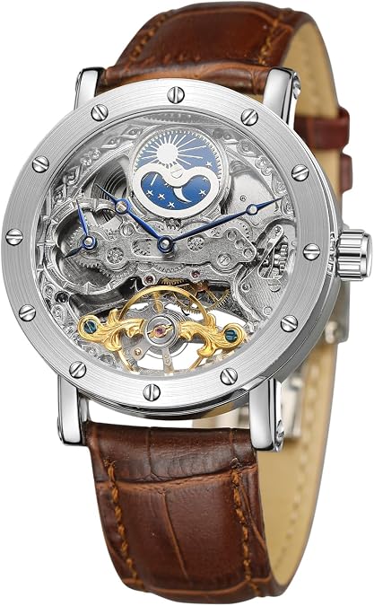 FORSINING Men Automatic Watches Tourbillon Skeleton Watch Moon Phase Wrist Watch (Moon Phase Silver Brown)