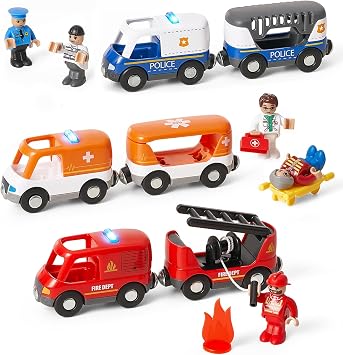 Giant bean 72PCS Fire Station Wooden Train Track Electric Train Set, Gift Packed Toy Railway Kits for Kids, Toddler Boys and Girls 3,4,5 Years Old and Up, Christmas Birthday Gift Toy for Kids