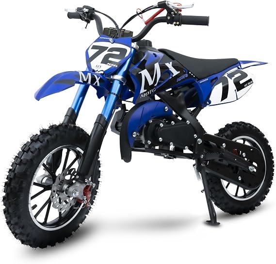 Kids Gas Dirt Bike 50cc 2 Stroke, Pit Bike 24 MPH, Full Suspension, Blue | 50cc gas pit bike, kids 2 stroke dirt bike, junior mini bike, gasoline motorbike, off road machine