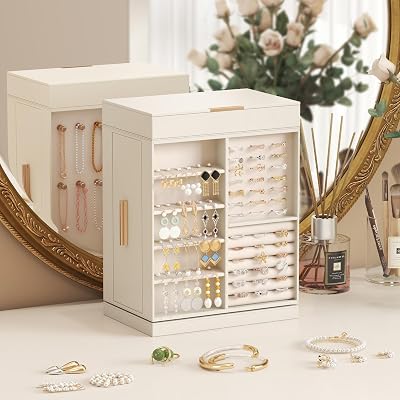 Lifewit 360° Rotating Jewelry Box, Top Magnetic Box wth Mirror, 2 Sides Plus 2 Large Drawers, Jewelry Organizer and Storage Case for Ring Necklace Earring Bracelet, Gift Idea, Creamy White