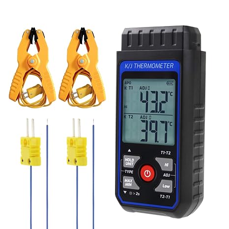 Dual-Channel Digital Thermocouple Thermometer K/J Type Thermometer with 2 K Type Thermocouple Probes and 2 Temp Clamps,328~2501℉ Range Industrial HVAC Temperature Meter with Alarm & ADJ Compensation