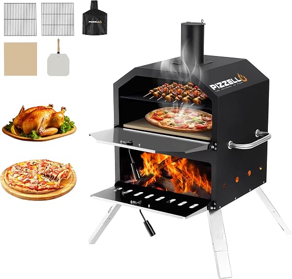 16" Outdoor Pizza Oven, Wood Fired 2-Layer Pizza Oven | Portable Pizza Maker with Stone, Pizza Peel, Cover,Removable Cooking Rack for Camping, Backyard, BBQ, Black
