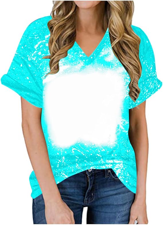Womens Bleached Sublimation Blanks Shirts Tie-Dye Graphic Tees Tops Short Sleeve Cute Stylish Clothes