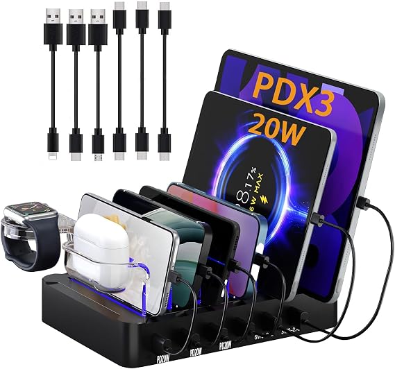 Charging Station for Multiple Devices, 6-Port USB C PD 3X20W Fast Charger Stations for MacBook, lPhone, Android Cell Phone, lPad, Tablet, Family Multi-Device Organizer Charging Dock White (Black)