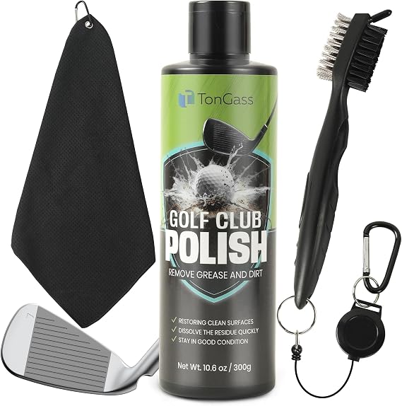 TonGass Golf Club Cleaning Kit with Retractable Hook Brush & Hookable Towel | 3-in-1 Golfs Club Cleaner Complete Accessory Kit (300g Golf Polish+Cleaner Brush with Groove Sharpener+Cleaning Cloth)