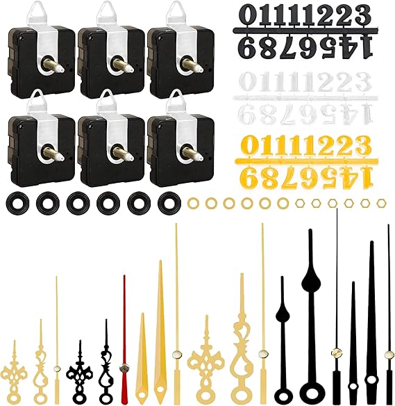 6pcs High Torque Quartz Clock Movement Mechanism Replacement Clock Numerals Kit with 6 Different Pairs of Hands Clock for DIY Wall Clock Handicrafts Repair Clock Parts 21.5mm