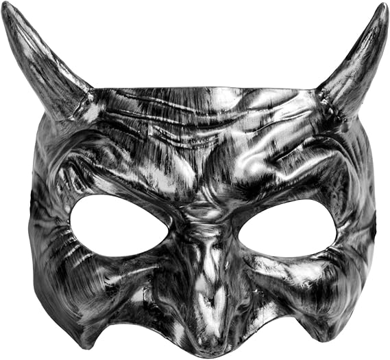 Adult Scary Halloween Masquerade Costume Half Face Goblin Devil Cosplay Horn Mask, Horror Face Mask Props Satan Lucifer Demon Devil Goblin Mask Venetian Horned Masquerade Black Silver