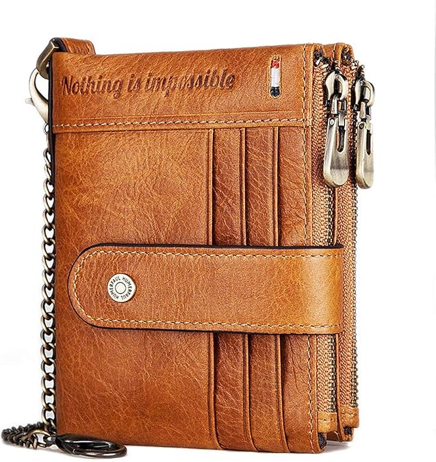 RFID Blocking Wallets Zipper Genuine Leather Tri Fold Wallet Minimalist Smart Slim Wallet for Men and Women