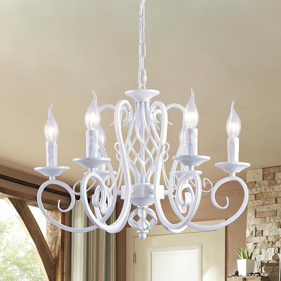 Ganeed Rustic French Country Chandelier Farmhouse White 6 Lights | Vintage Candle Pendant Light French Country Farmhouse Design Adjustable Height Lamp for Kitchen Island Dining Room Bedroom