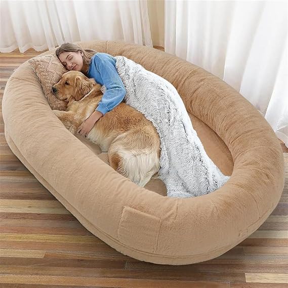 Human Dog Bed,72"x48"x12" Human Sized Dog Bed,Giant Dog Bed with Washable Faux Fur Human Dog Bed,with Storage Pocket, Present Soft Blanket,Large Dog Bean Bag Bed for Families,Khaki