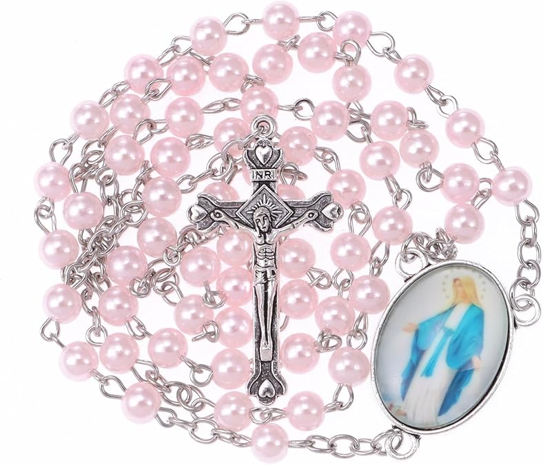 Rosary Beads Catholic for Women With Button Rosary Pouch, Pink Flower Beads Rosary Necklace with Pink Button Bag, Anglican Prayer Beads Christian Gifts for Women Catholic Gifts