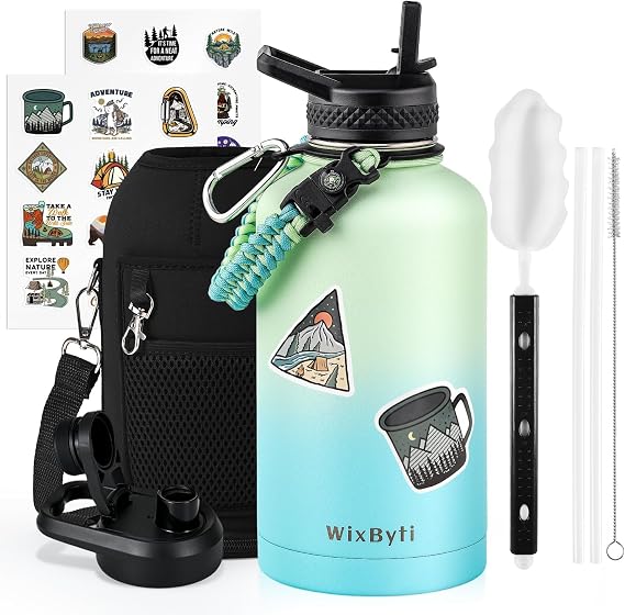 WixByti 64oz Insulated Water Bottle, Half Gallon Stainless Steel Water Jug | (Cold 48 Hrs), Triple Wall Vacuum, Leak-proof & Non-BPA, Large Sports Water Bottle with Straw Spout Lids & Paracord Handle
