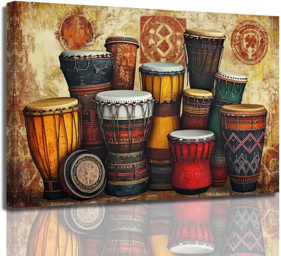 ZSHARTSWD African Drums Wall Art African Music Pictures Tribal Music Instruments Canvas Prints Vintage Traditional Painting Living Room Office Decor Framed (Brown, 24.00" x 36.00")