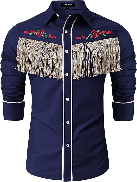 TURETRENDY Men's Western Cowboy Fringe Shirt Long Sleeve Rose Embroidered Slim Fit Button Down Shirt