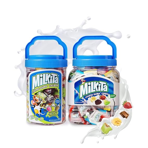 Milkita Milk Candy & Lollipop Jar Bundle 45 Lollipops + 140 Candies | Low-Sugar, Healthy Sweets with Real Milk for Kids & Adults Fat & Gluten-Free Candy w/Calcium Individually Wrapped