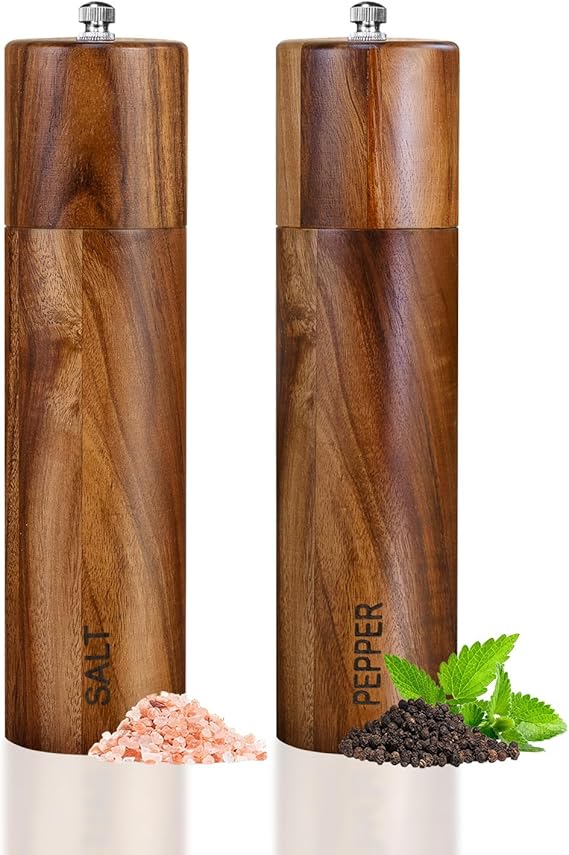 Haomacro Premium Acrylic Salt and Pepper Grinder Set, Manual Salt and Pepper Mills, Wooden Shakers with Adjustable Ceramic Core-Salt Grinder and Pepper Mill (8 Inch)