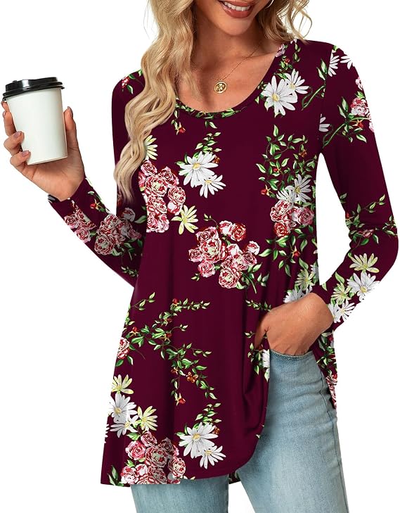 POPYOUNG Women's Long Sleeve Tunic Tops Fall Long Shirts to Wear with Leggings Loose Fit Dressy Crewneck Blouse