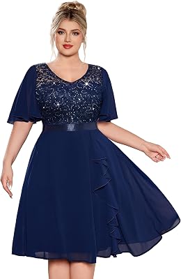 MISSMAY Womens Plus Size V-Neck Sequin Floral Lace Ruffle Style Cocktail Dress for Wedding Guest