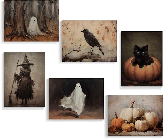 Xianyojafa Vintage Halloween Canvas Wall Art, Retro Black Cat Pumpkin Poster 6 Piece 12x16in, Victorian Raven Ashland Witch Picture Print, Creepy Spooky Ghost Dark Academia Wall Decor Unframed