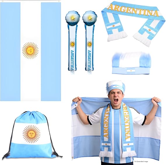 Argentina Soccer Fan Support Kit 6PCS, for Fans Accessories,Flag Merchandise, Cheering Sticks,Scarf,Soccer Fan Decorations Kit Suitable for Events,Match Day & Parties (Argentina)