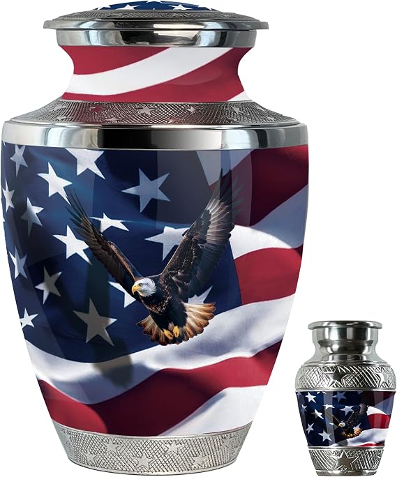 Large U.S. Flag Cremation Urn with One Keepsake for Human Ashes - Handcarved Decorative Urns for Adult Ashes Women & Men