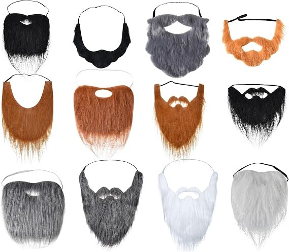 WILLBOND 12 Pcs Fake Beard Mustache Halloween Cosplay Costume Accessories | Adjustable Elastic Rope,Multiple Styles, Cosplay Whiskers, Facial Hair Disguise, Males Dress Up