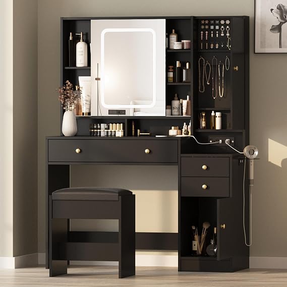 Halitaa Vanity Desk with Mirror and Lights, Glass Top Vanity Table Makeup Vanity with Lights and Charging Station & Sliding Door, Glass Top Vanity with 3 Drawers and Jewelry Cabinet, 42.8inch