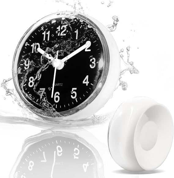 Betus Waterproof Bathroom Shower Clock with Large Suction Cup - Silent, Water Proof, Battery Operated Wall Clock for Toilet, Kitchen, Bedroom (Black)