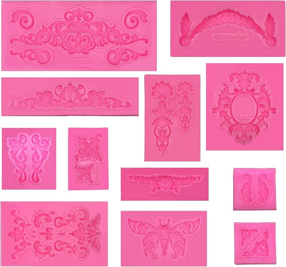 Woohome 12 PCS Baroque Style Fondant Silicone Mold Picture Frames Silicone Mold for Cake Decorating Flower Lace Mould for Cupcake Topper, Jewelry, Polymer Clay, Crafting Projects