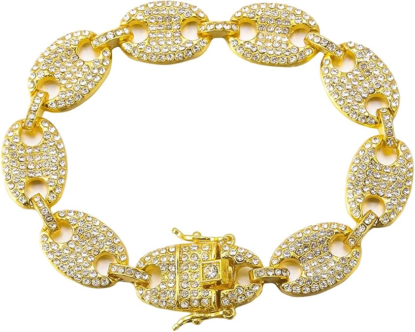Apzzic 13mm Iced Out Miami Cuban Link Coffee Bean Chain Gold Plated Rainbow Multicolor Lab Diamond Full CZ Choker Necklace Bracelet for Men Women