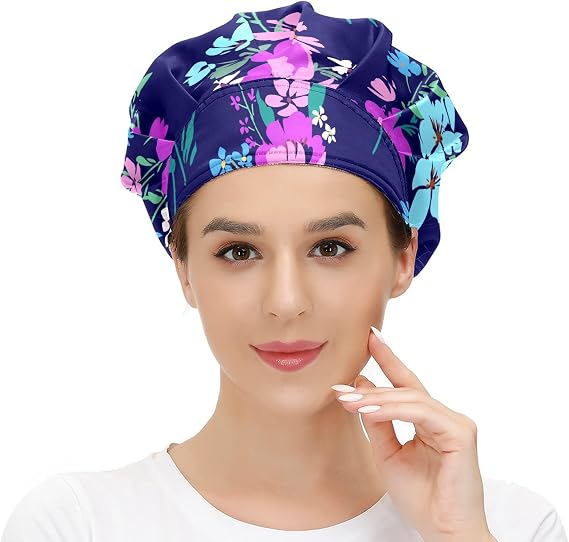 Working Cap with Button and Sweatband Adjustable Tie Back Bouffant Hats Printed Multi Color for Woman Man.Starry Sky