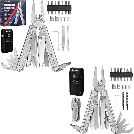BIBURY Multitools Pliers Pro Series, BI2049 + BI2045 Silvery, Foldable Multitools With Replaceable Wire Cutters and Upgraded Scissors, T-Shank Interchangeable Tools, Ideal for Camping Fishing Survial