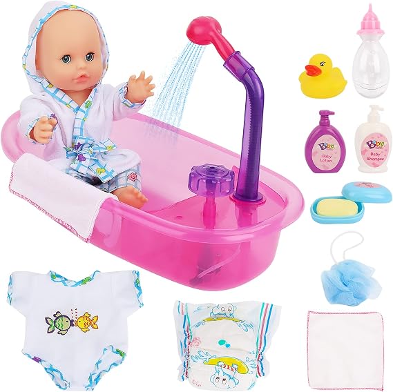 deAO 12" Doll Bath Set Real Working Bathtub with Detachable Shower Spray | 2 Sets Clothes,12 Inch Doll Playset ,Role Play Gift for 3+ Years Old Kids