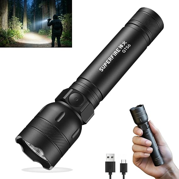 SuperFire Tactical Flashlight, Rechargeable High Lumens LED Flashlight with Small Powerful Body, USB-C, 5 Modes, IP44 Waterproof for Camping, Hiking and Emergency