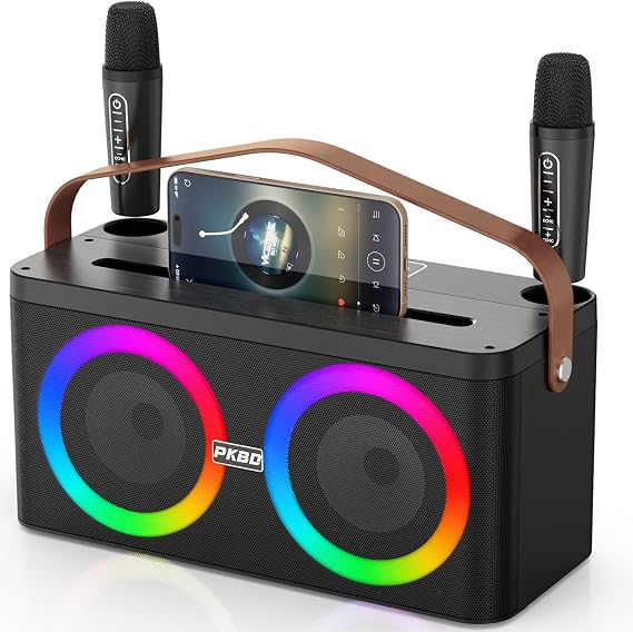 Karaoke Machine with Phone/Pad Holder for Home & Party | Portable Bluetooth Speaker with Two Wireless Microphones/LED Lights/PA System, Support Microphone Placement