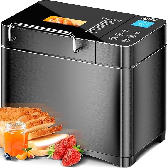 Pro 710W 2LB Bread Maker, Stainless Steel 17-in-1 Smart Bread Machine with Healthy Ceramic Pan, Automatic Nut Dispenser, Tempered Glass Touch Panel, 3 Crust Colors, 15H Timer&Keep-Warm,Recipes
