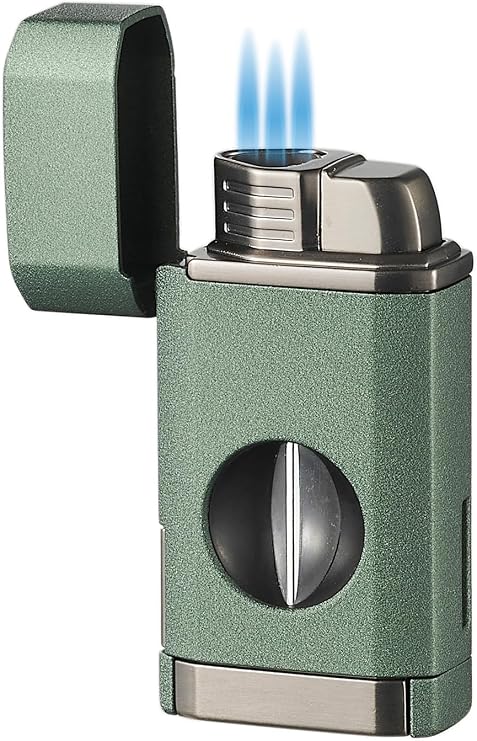 Visol Diablo Butane Torch Triple Flame Refillable Gas Lighter, Built in Cutter, Built in Holder, Windproof Adjustable Flame Lighter (Shipped Without Butane) (Green)