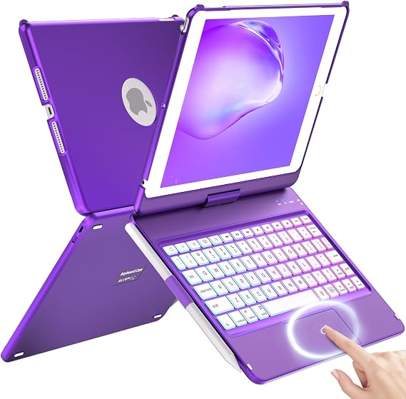 HOTLIFE Case with Keyboard for iPad 10.2,Touch Trackpad Keyboard Case for iPad 9th Generation/8th/7th Gen, 10 Corlor Backlit - 360 Rotatable Protective Cover with Pencil Holder (Deep Purple)
