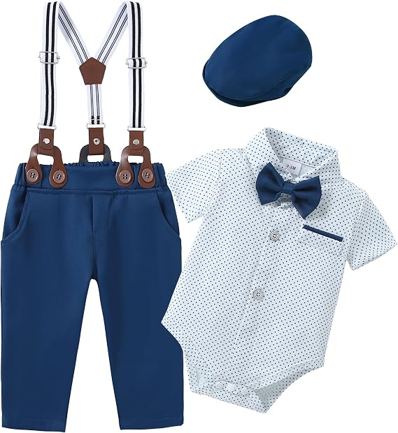 ZOEREA Baby Boy Suit Gentleman Outfit Clothes Infant Tuxedo Short Sleeve Dress Shirt+Suspender Pants+Bowtie+Hat 0-18M