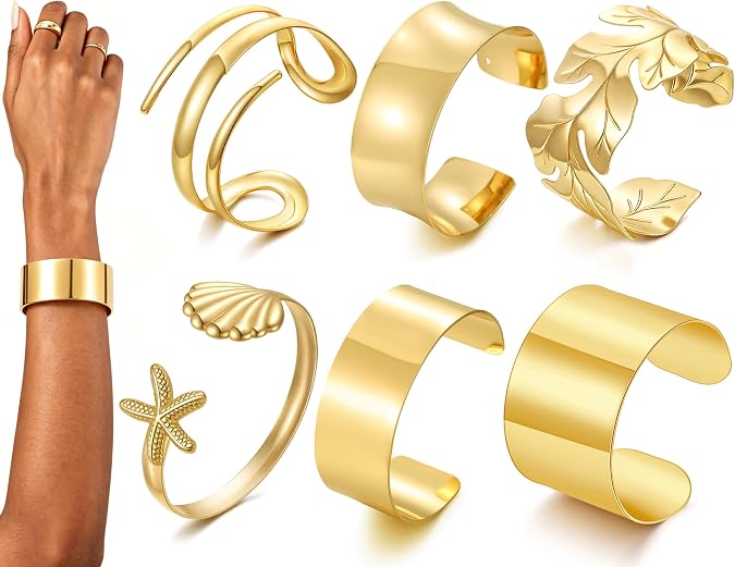 BOMAIL 6Pcs Gold Chunky Cuff Bracelets for Women Wide Bangle Bracelets Set | 14K Gold Plated,Open Wide Wrist Bangle, Minimalist Wire Design, Statement Wrist Cuff, Wrap Bracelet Style,Versatile Jewelry