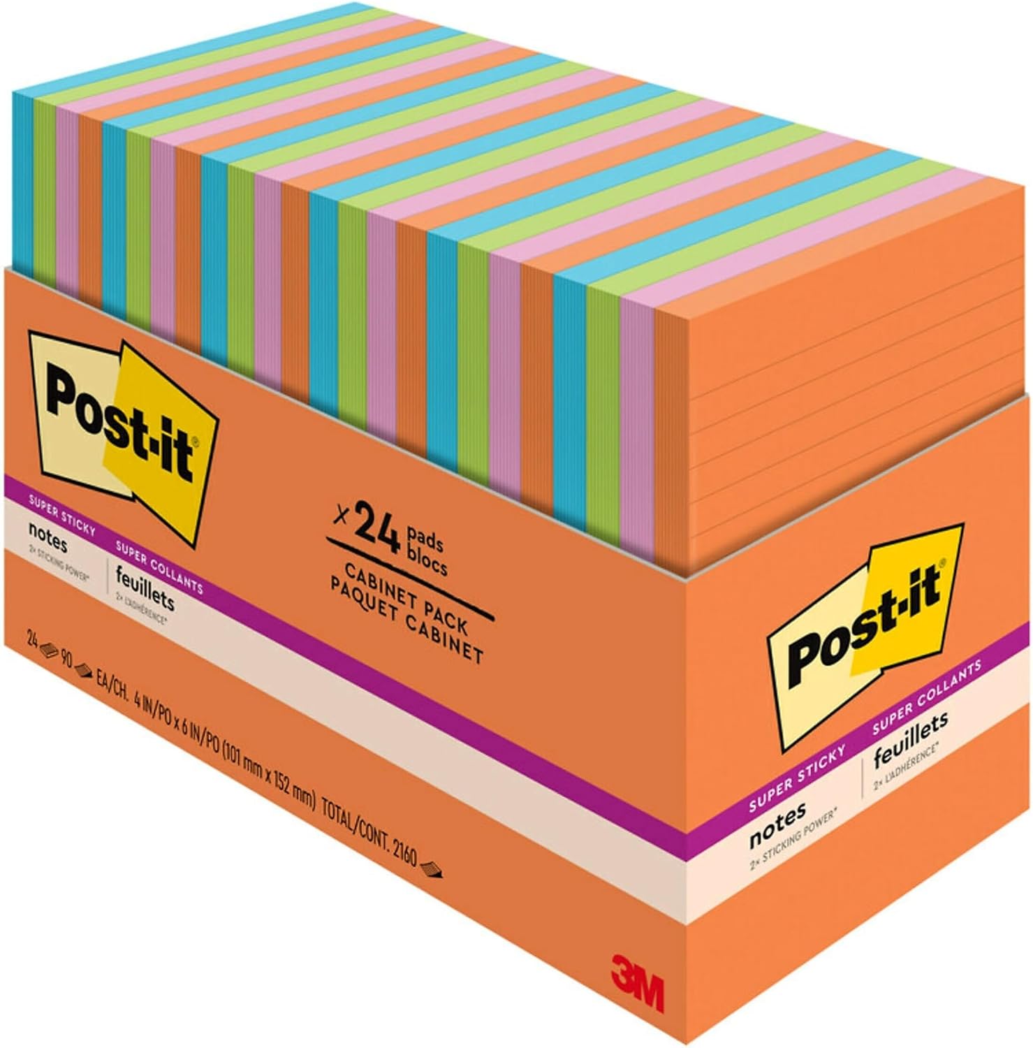 Post-it Energy Boost Collection Super Sticky Note, 4-inch x 6-inch, Lined, 45 SheetsPad, 24 PadsPack 660-24SSAU-CP