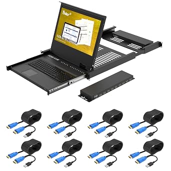 Rack Mount KVM w/17.3" LCD Monitor, 8 Port HDMI LCD KVM Switch 1920x1080@60Hz for 1U 19" Rack Supports OSD Menu/Hotkey, with 8 KVM Cables + Keyboard + Touchpad