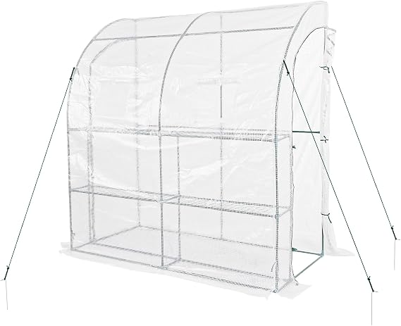 BPS 7x3x7 FT Lean to Greenhouse with Shelves, Large Walk-in Greenhouse with Waterproof PE Cover for Garden, Backyard, White