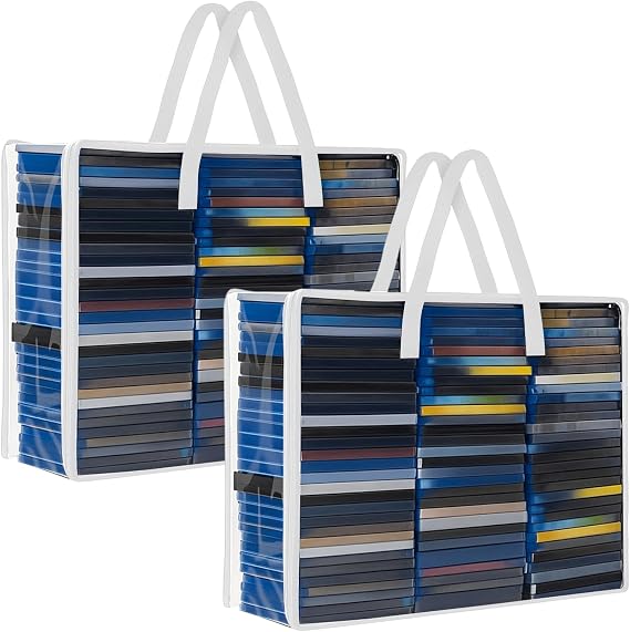 Buryeah 2 Packs Extra Large DVD Storage Bags, Storage Case Holder Organizer Holds up to 360 DVDs Clear Plastic Bags Video with Carrying Handles and Zipper, Media Organizer for Movie VHS(White)