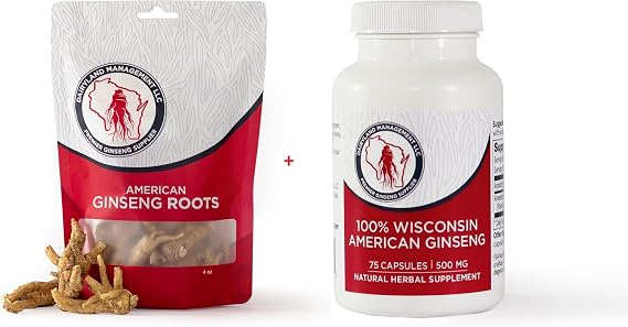Dairyland American Ginseng Roots 4 oz and Capsules 75 ct Pack of Wisconsin Ginseng Direct from Farmer to Consumer