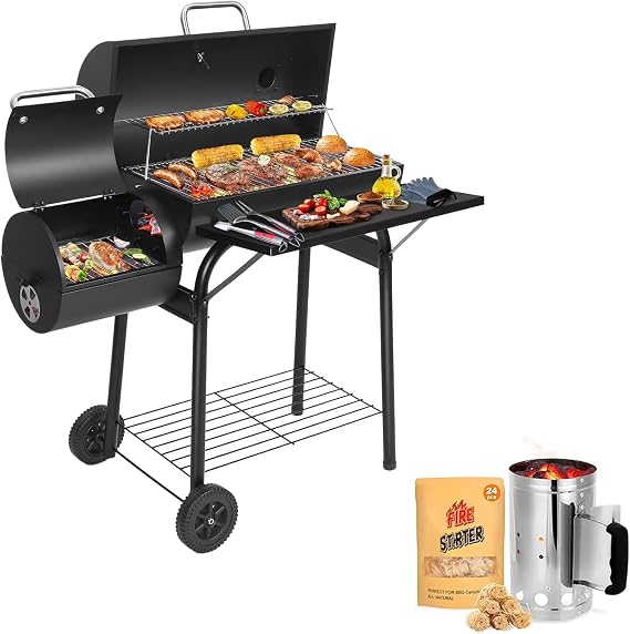 Charcoal BBQ Offset Smoker Grill with Charcoal Starter, Large Capacity Barrel BBQ for Garden Patio, Birthday Gifts for Men Dad Husband
