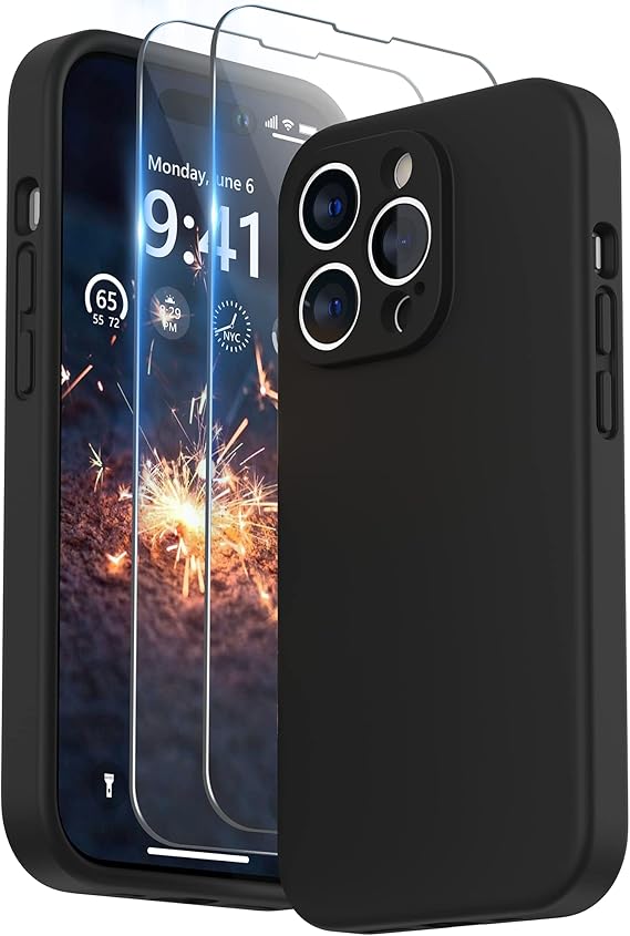 SURPHY Designed for iPhone 14 Pro Case with Screen Protector, (Camera Protection & Soft Microfiber Lining) Liquid Silicone Phone Case, Black