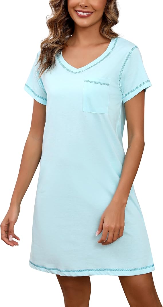PNAEONG Womens Cotton Nightshirt Soft Nightgowns Short Sleeve Casual Pajama Dress Sleepwear with Breast Pocket S-3XL