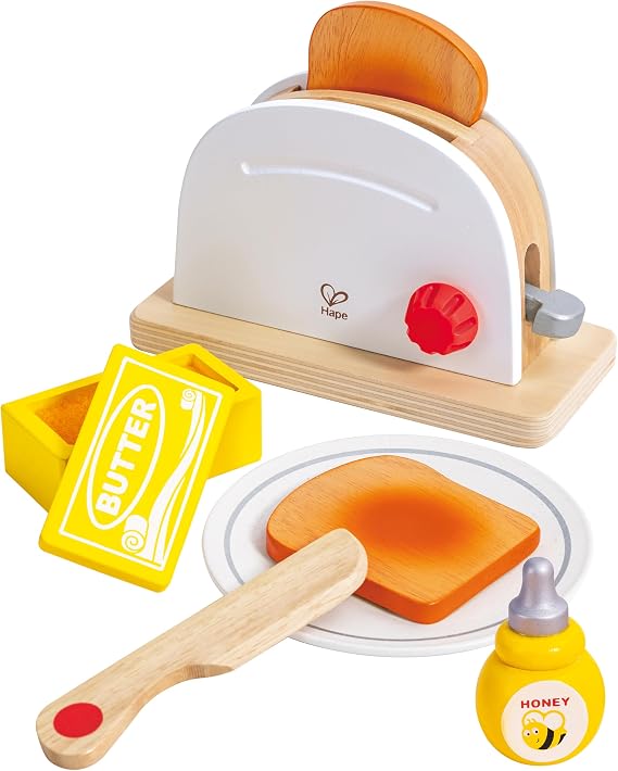 Hape White Wooden Pop-Up Toaster Set Pretend Play Breakfast Accessories for Preschoolers
